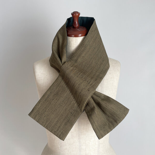 【1点もの】着物 襟巻き ネックウォーマー -絹 着物地  紬 薄茶 & 木綿生地 深緑（ヴィンテージ） NW711