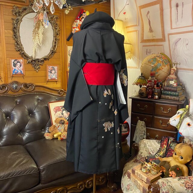 着物リメイク ワンピース ドレス 和洋折衷 洗える 化繊 名古屋帯サッシュベルト レトロ モダン ハンドメイド 星降る夜に舞う、幻想の黒 KW-856 和洋折衷 古着 洗える 化繊 着物 和 ハンドメイド リメイク ワンピース