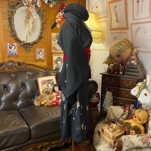 付け下げ着物リメイク  セミロング ワンピース／ドレス／洗える化繊 帯サッシュベルト 藤色の夢・雅なる楽器の調べ KW-1241 付け下げ 着物リメイク セミロング ワンピース ドレス 洗える 化繊