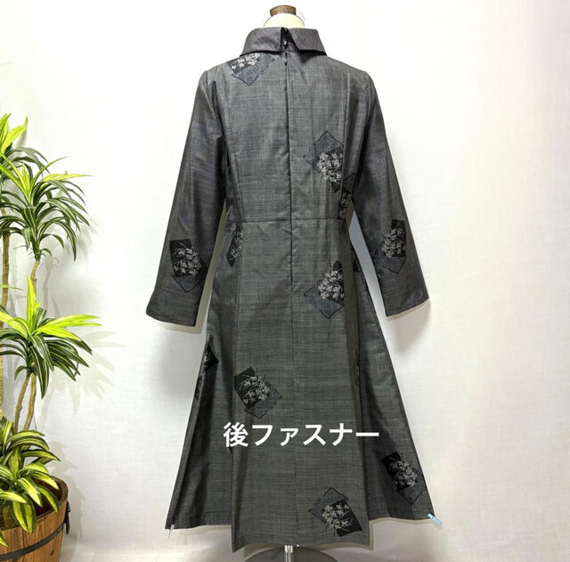 着物リメイク 大島紬花柄ワンピース ロング ロールカラー ゆったり L