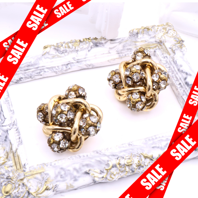 【フランス買付】 クリスタル × ゴールドノット イヤリング＊Vintage Knot Sparkle 1980s