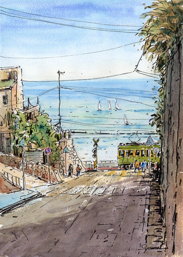 水彩画原画 江ノ電 日和・七里ガ浜の海 ＃704 | iichi 日々の暮らしを