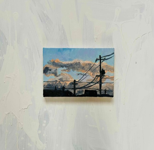 原画 油彩画「近所の風景 高速と空」絵画・サムホールサイズ（16×23