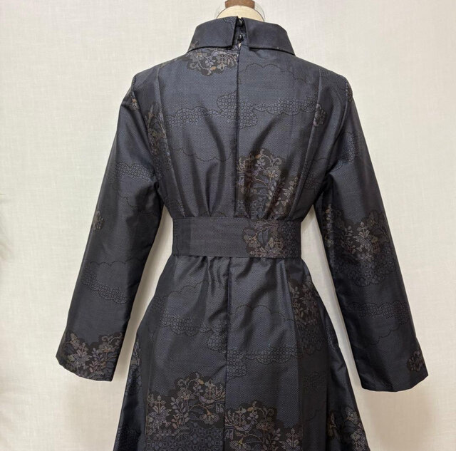 着物リメイク 大島紬花柄ワンピース 雲取文様 2WAY Aライン ゆったり L