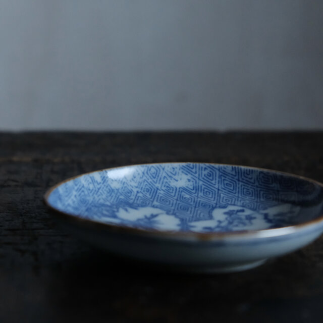 紗綾形尽くし◇梅と月や松竹梅。時代物 印判小皿 骨董/antiques 古民家