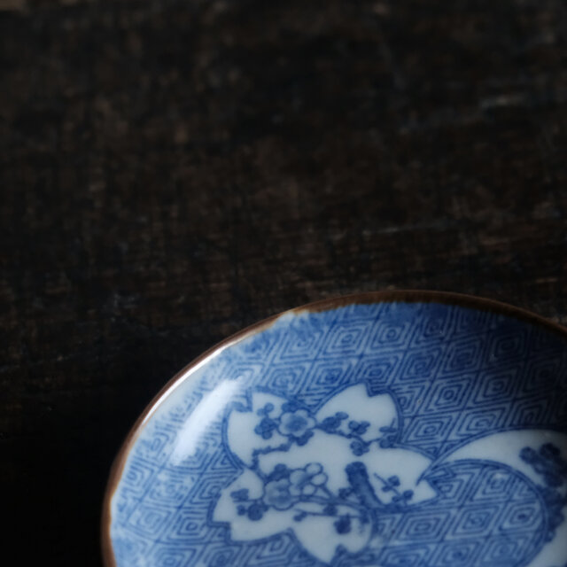 紗綾形尽くし◇梅と月や松竹梅。時代物 印判小皿 骨董/antiques 古民家