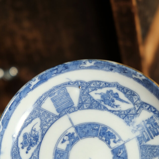 細かな柄が素敵◇中国美術なデザイン。時代印判小皿 唐子 蜻蛉 漢字