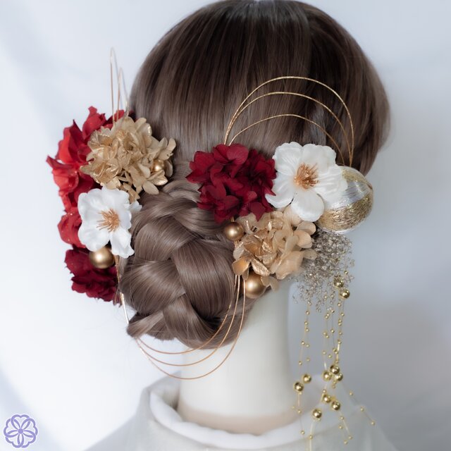 成人式 髪飾り 深紅ダリア×林檎の花｜卒業式 袴 和装ヘア No.RA20 振袖