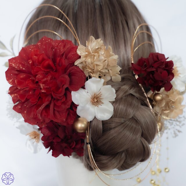 成人式 髪飾り 深紅ダリア×林檎の花｜卒業式 袴 和装ヘア No.RA20 振袖
