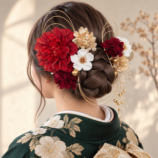 成人式 髪飾り 深紅ダリア×林檎の花｜卒業式 袴 和装ヘア No.RA20 振袖
