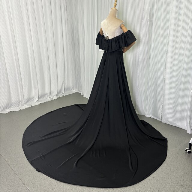 高品質！パーティードレス ブラック オフショルダー イタリアサテン