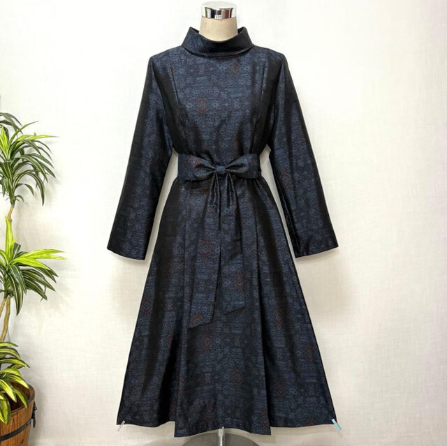 着物リメイク 大島紬花柄ワンピース Aライン 2WAY ゆったり Lサイズ 細