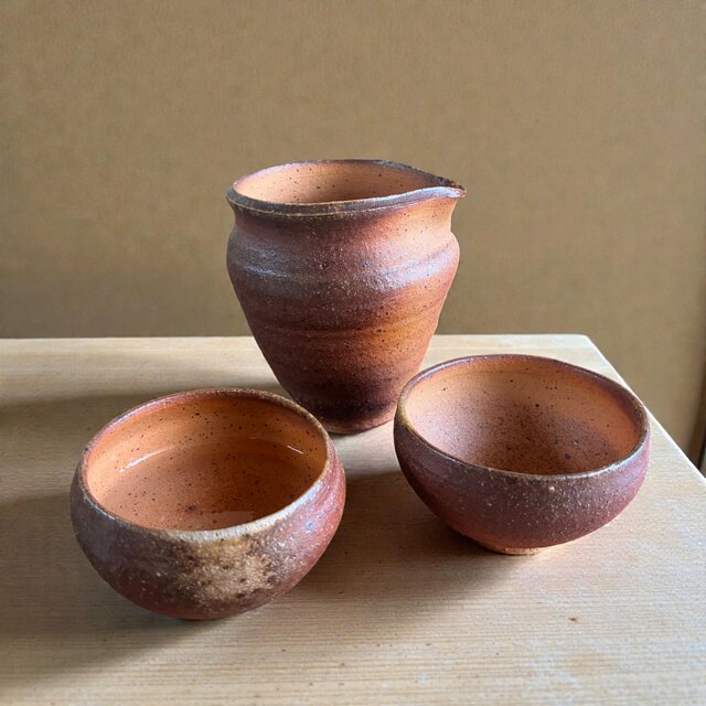 炎の色 酒器セット（片口＋ぐい吞み2個） 焼締 和陶器 陶器 晩酌 誕生