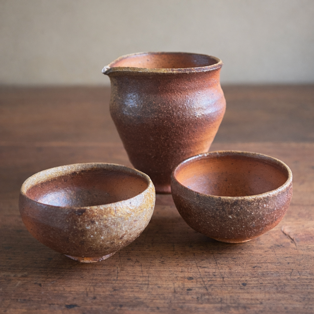 炎の色 酒器セット（片口＋ぐい吞み2個） 焼締 和陶器 陶器 晩酌 誕生