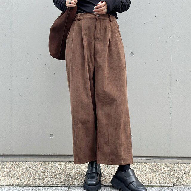 新作❤︎裏起毛Ver.大人かわいいコーデュロイ半ゴム仕立てタックワイド
