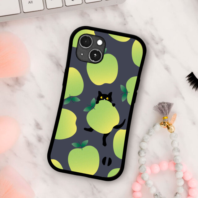 青 リンゴ と 黒猫 イラスト 耐衝撃 グリップケース iPhoneケース
