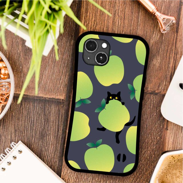 青 リンゴ と 黒猫 イラスト 耐衝撃 グリップケース iPhoneケース