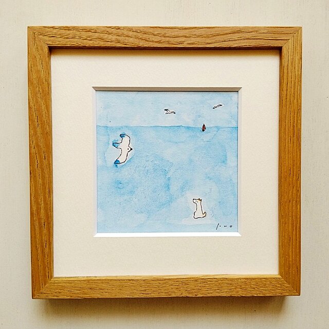 原画・水彩画】「海風」 ※木製額縁入り（18㎝角）犬・イラスト