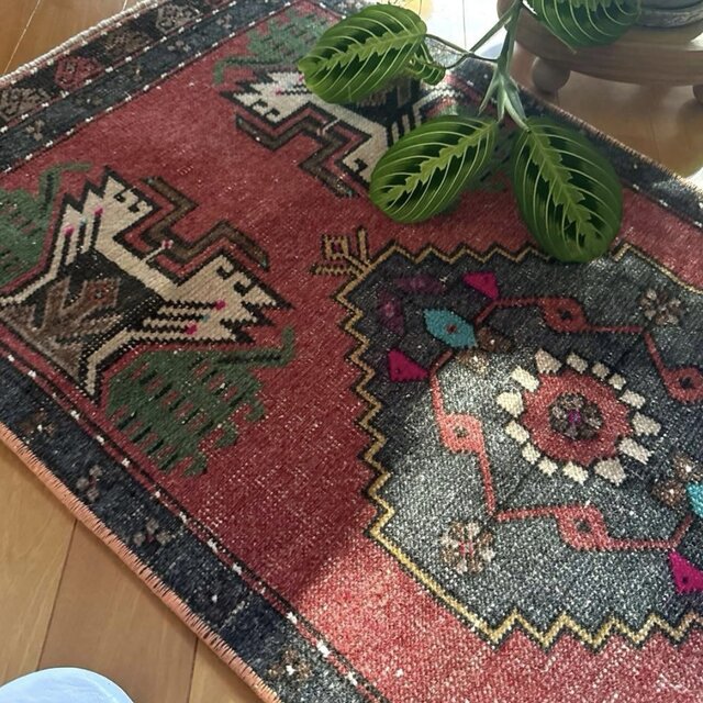 48×102 深みある赤茶色×グレイ メダリオン トルコヴィンテージラグ