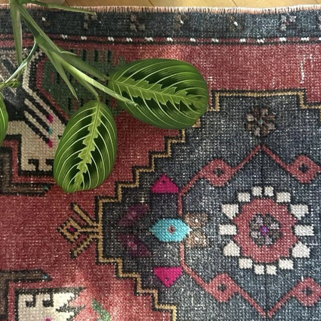 48×102 深みある赤茶色×グレイ メダリオン トルコヴィンテージラグ