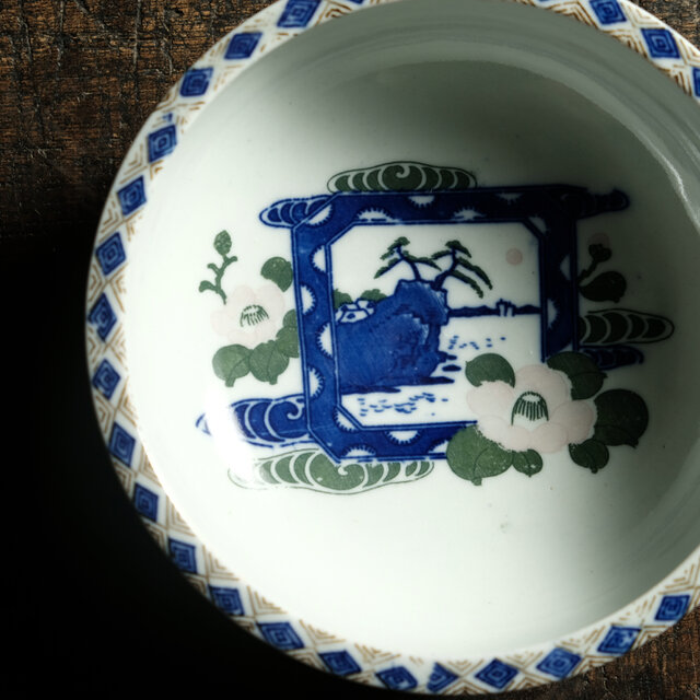 花と風景◇縁に入れ子菱。瀬戸焼 印判中鉢 骨董・antiques 古民家 大正