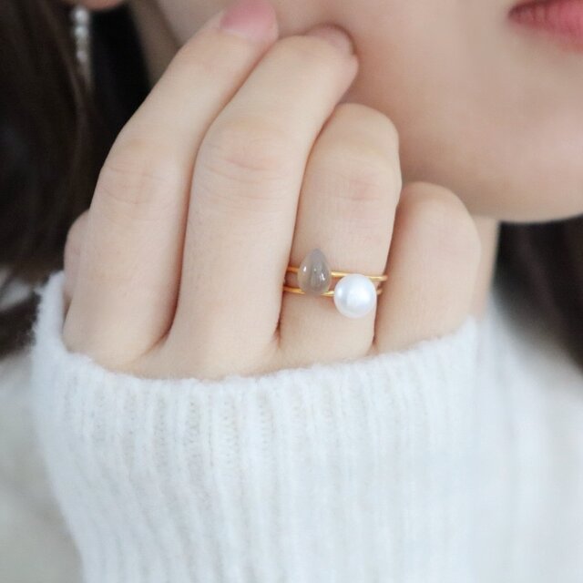 艶やかグレーオニキス×淡水パール リング2点セット | iichi 日々の