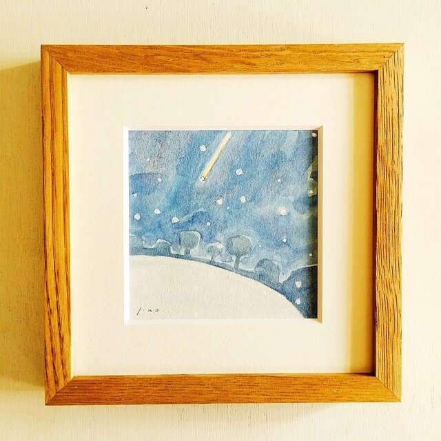 原画・額入り・一点物】「牡丹雪の降る夜に」（18㎝角）・絵画・冬の絵