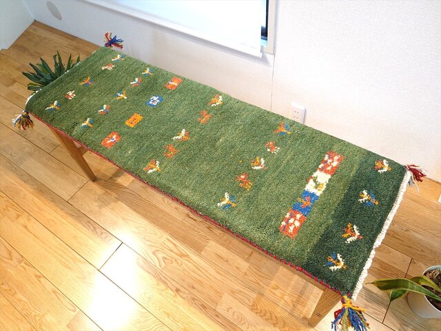 ペルシャ ギャッベ ミニランナー ラグ 115x40cm 緑色 生命の木 ヤギ 羊