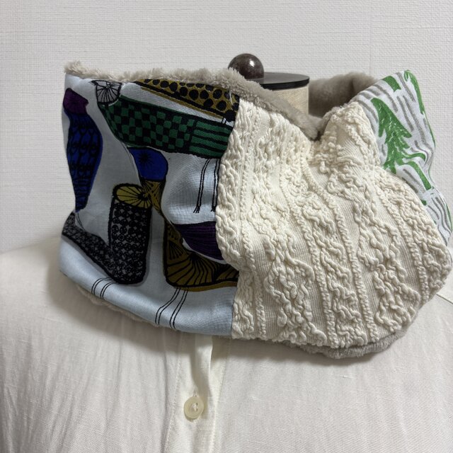 ハンドメイド☆ネックウォーマーミナペルホネンニットパッチワークファ