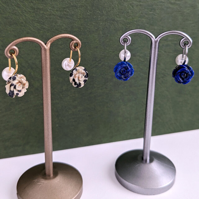 SUS316ピアス[Dalmatian jasper rose/Gold]サージカルステンレス 薔薇