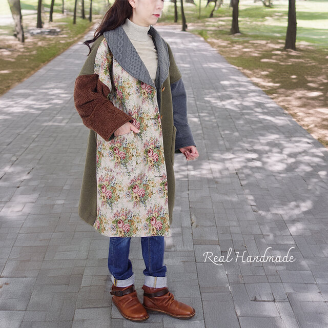 カーキウールとゴブラン織りのミックスショールカラーコート | iichi