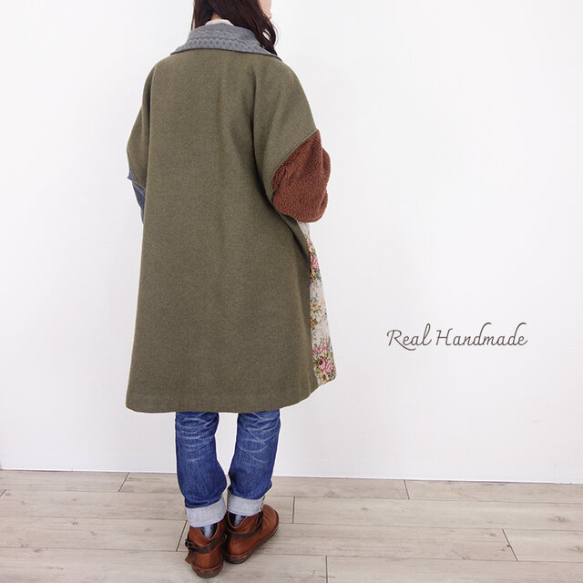 カーキウールとゴブラン織りのミックスショールカラーコート | iichi