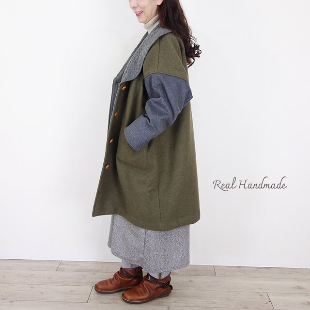 カーキウールとゴブラン織りのミックスショールカラーコート | iichi
