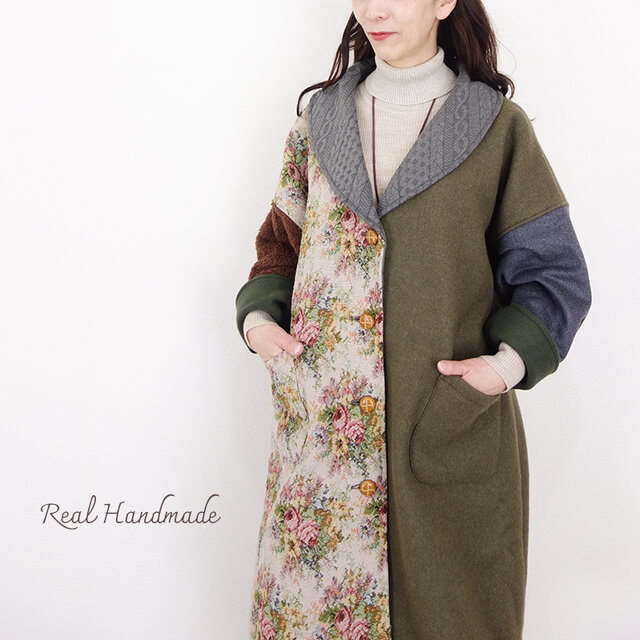 カーキウールとゴブラン織りのミックスショールカラーコート | iichi