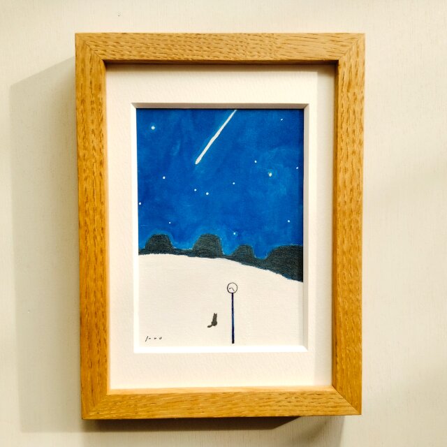 【松原光】イラスト原画　特注フレーム付き ★値段交渉歓迎 星降る夜に」原画 イラスト 水彩 ※木製額縁入り（2Lサイズ）インテリア