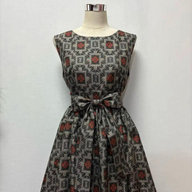 着物リメイク 大島紬ギャザーワンピース ジャンパースカート 2WAY