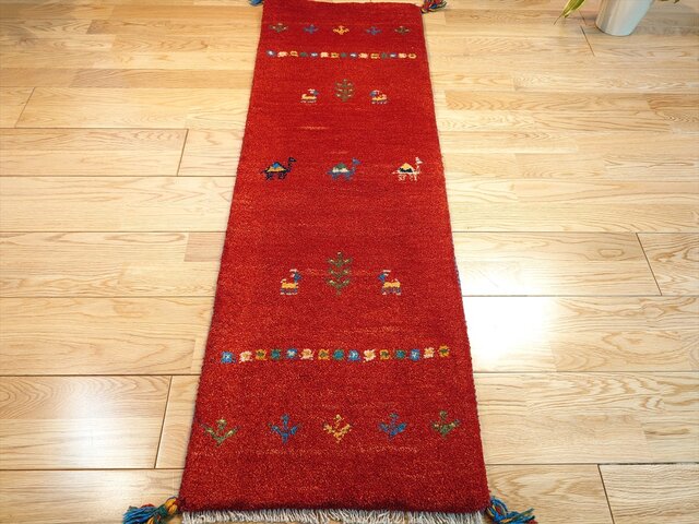 ペルシャ ギャッベ ミニランナー ラグ 118x40cm 茜色 ラクダ 花 ヤギ