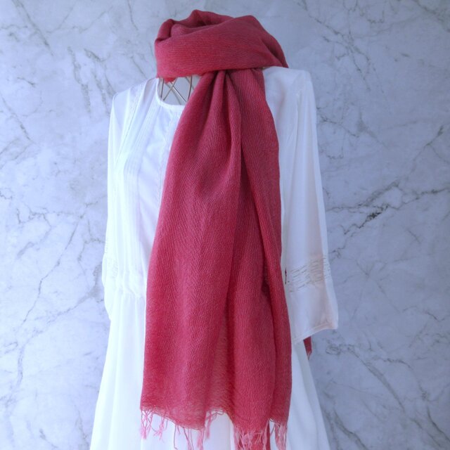 草木染め・蚊帳織りウール・大判ロングストール・茜とコチニールの重ね