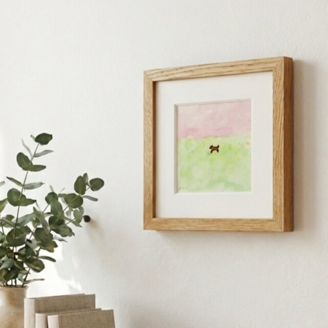 一点物】原画「春景色」原画 ※木製額縁入り（18㎝角）水彩・イラスト