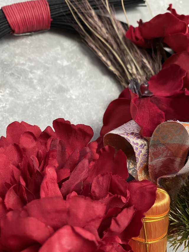 紅 ラタン のお正月飾り ちりめん椿 和モダン NO2 紅 ラタン のお正月