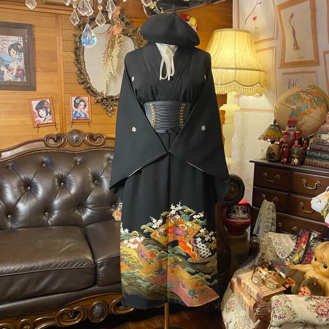 黒留袖 着物 リメイク セミロング ワンピース ドレス 和洋折衷 洗える 化繊 ハンドメイド レトロ 古着 黄金の扇と吉祥文様 TKW-89 黒留袖 着物 リメイク セミロング ワンピース ドレス 和洋折衷 洗える