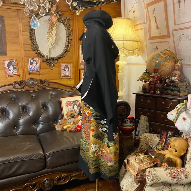 黒留袖 着物 リメイク セミロング ワンピース ドレス 和洋折衷 洗える 化繊 ハンドメイド レトロ 古着 黄金の扇と吉祥文様 TKW-89 黒留袖 着物 リメイク セミロング ワンピース ドレス 和洋折衷 洗える