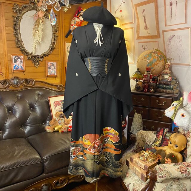 黒留袖 着物 リメイク ワンピース ドレス セミロング 和洋折衷 洗える