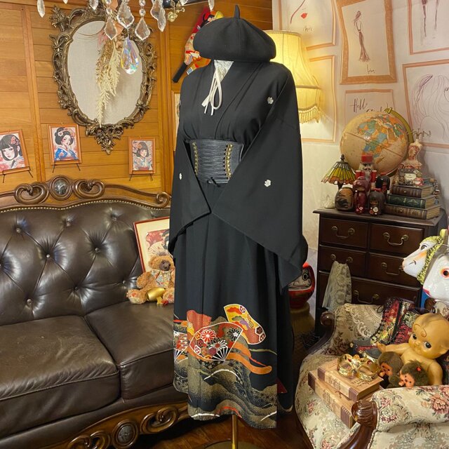 黒留袖 着物 リメイク ワンピース ドレス セミロング 和洋折衷 洗える