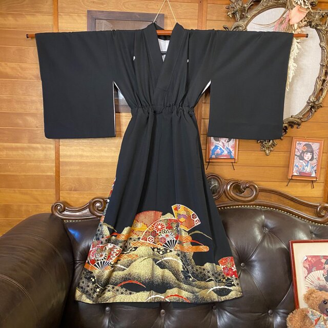 黒留袖 着物 リメイク ワンピース ドレス セミロング 和洋折衷 洗える
