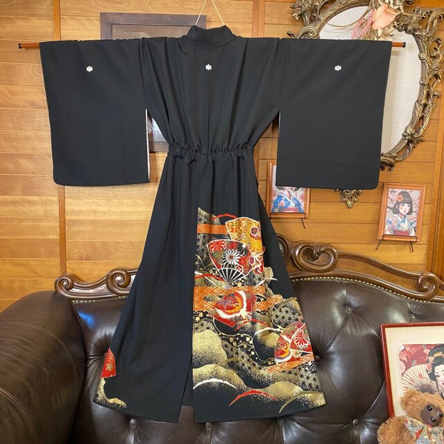 黒留袖 着物 リメイク ワンピース ドレス セミロング 和洋折衷 洗える