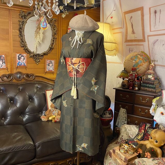 着物リメイク ワンピース ドレス 洗える 化繊 名古屋帯サッシュベルト