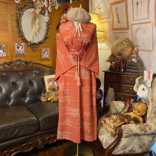 着物リメイク ロングワンピース ドレス 洗える 化繊 名古屋帯サッシュ