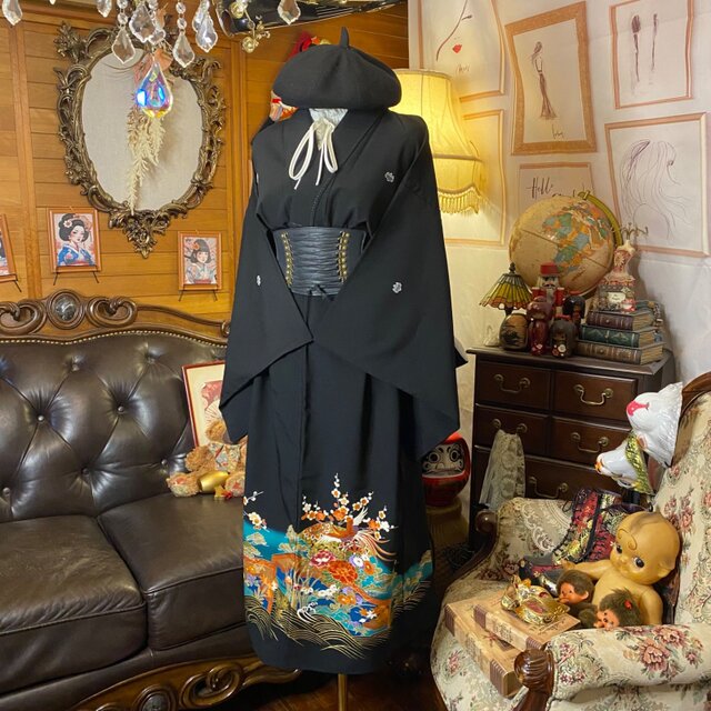 黒留袖 単衣 着物 リメイク ワンピース セミロング ドレス 和洋折衷