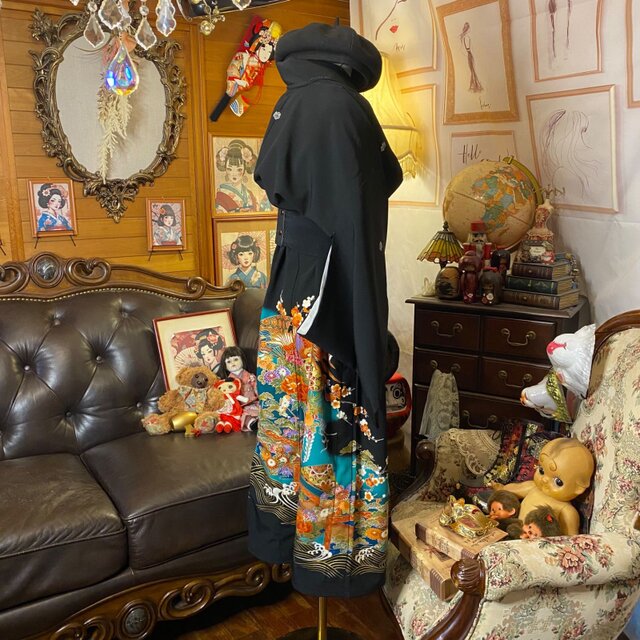 黒留袖 単衣 着物 リメイク ワンピース セミロング ドレス 和洋折衷